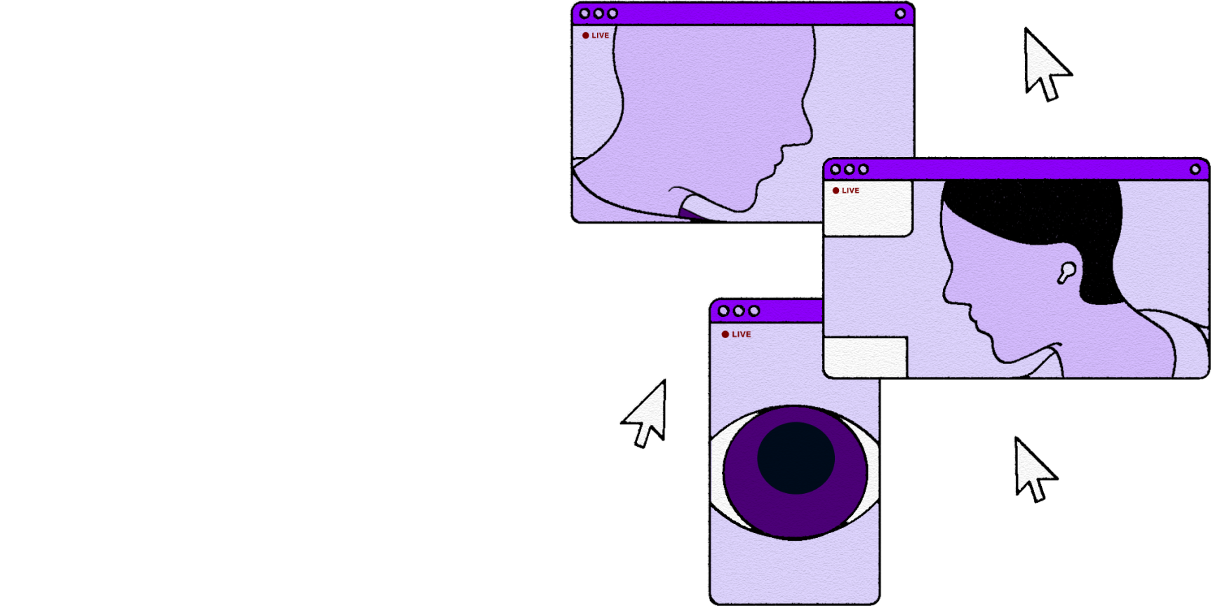 image of purple windows depicting a zoom or online call - two of which showing heads in profile, and one showing an eye.