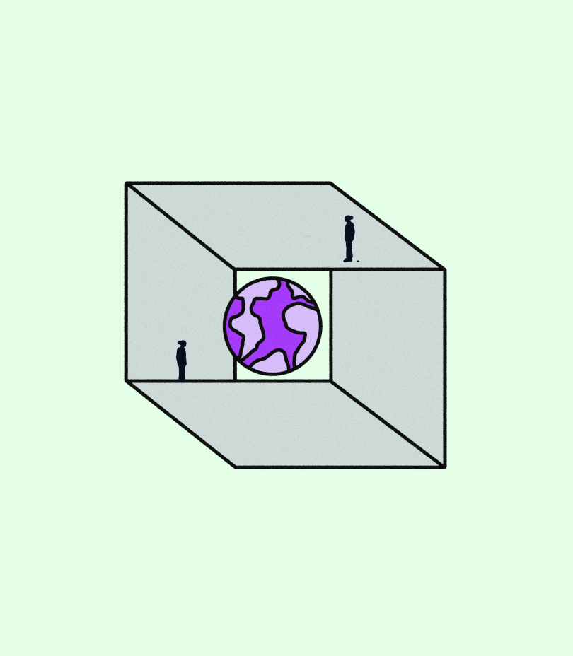Illustration of a 3D box with a globe in the centre