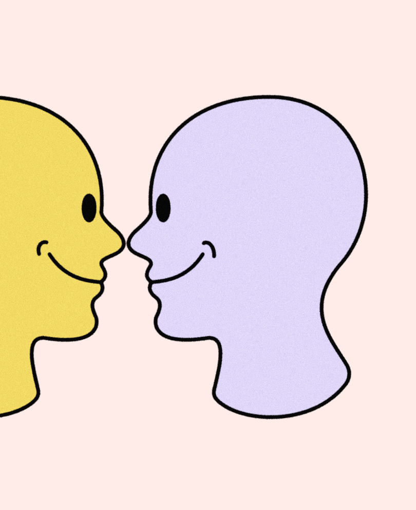 Two illustrated people facing towards each other smiling