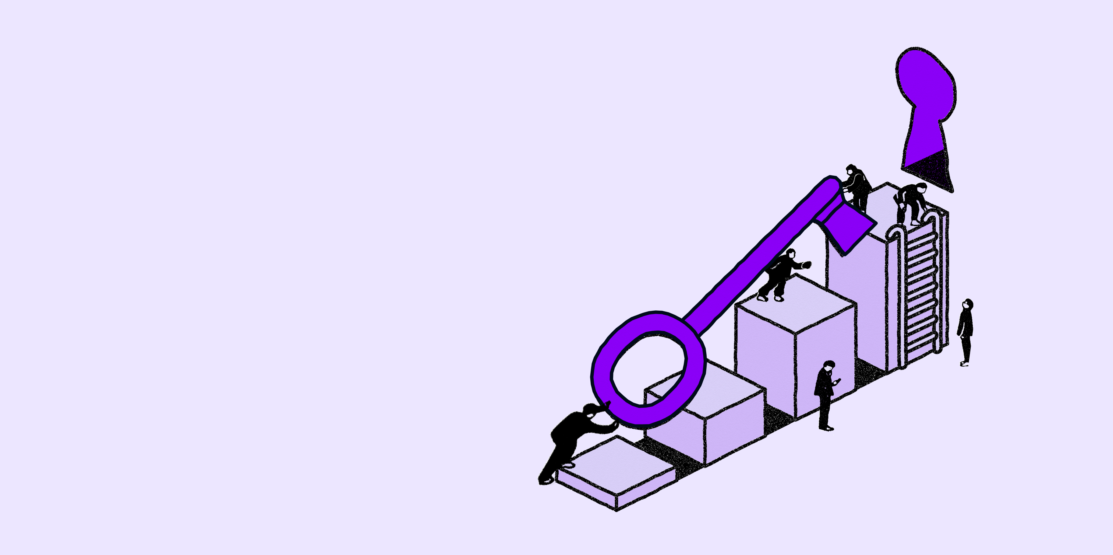 Illustration showing black and white figures carrying a large purple key up a set of ascending blocks towards a keyhole set on a light purple background