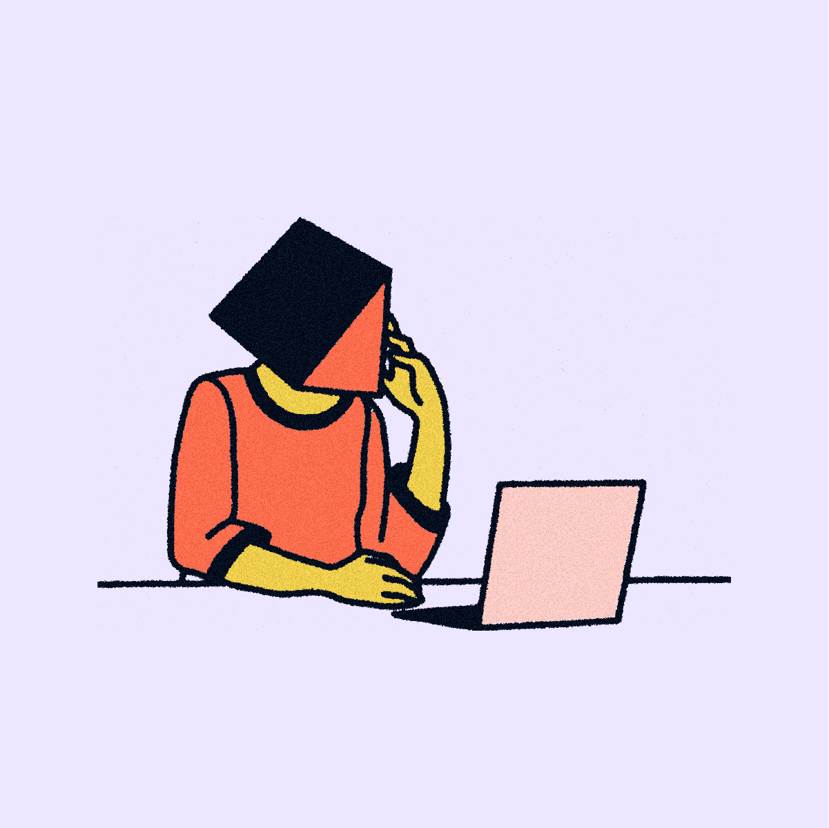 Illustrated person with a shape instead of a head looking at a laptop