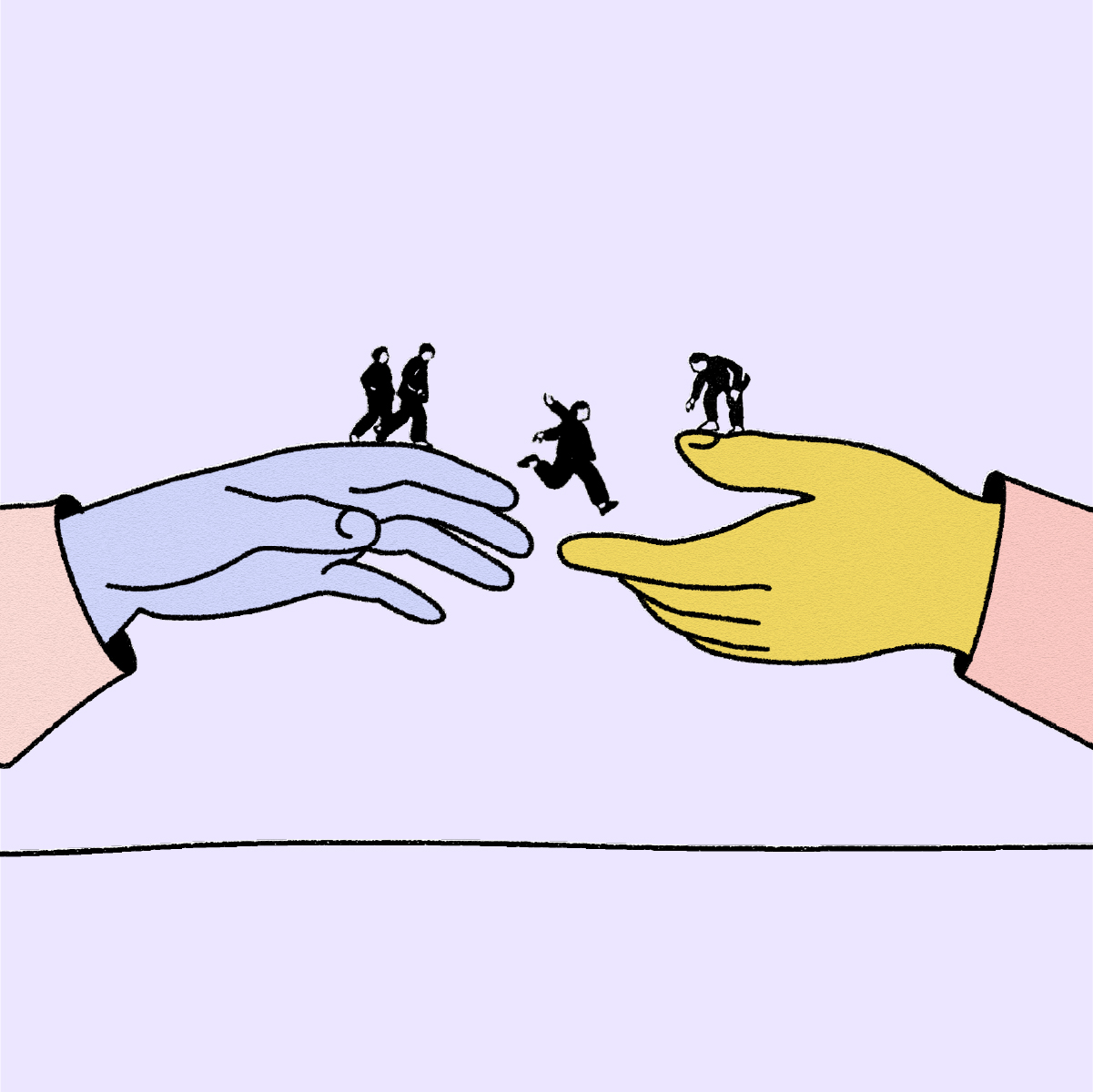 Illustration of people jumping across two large hands